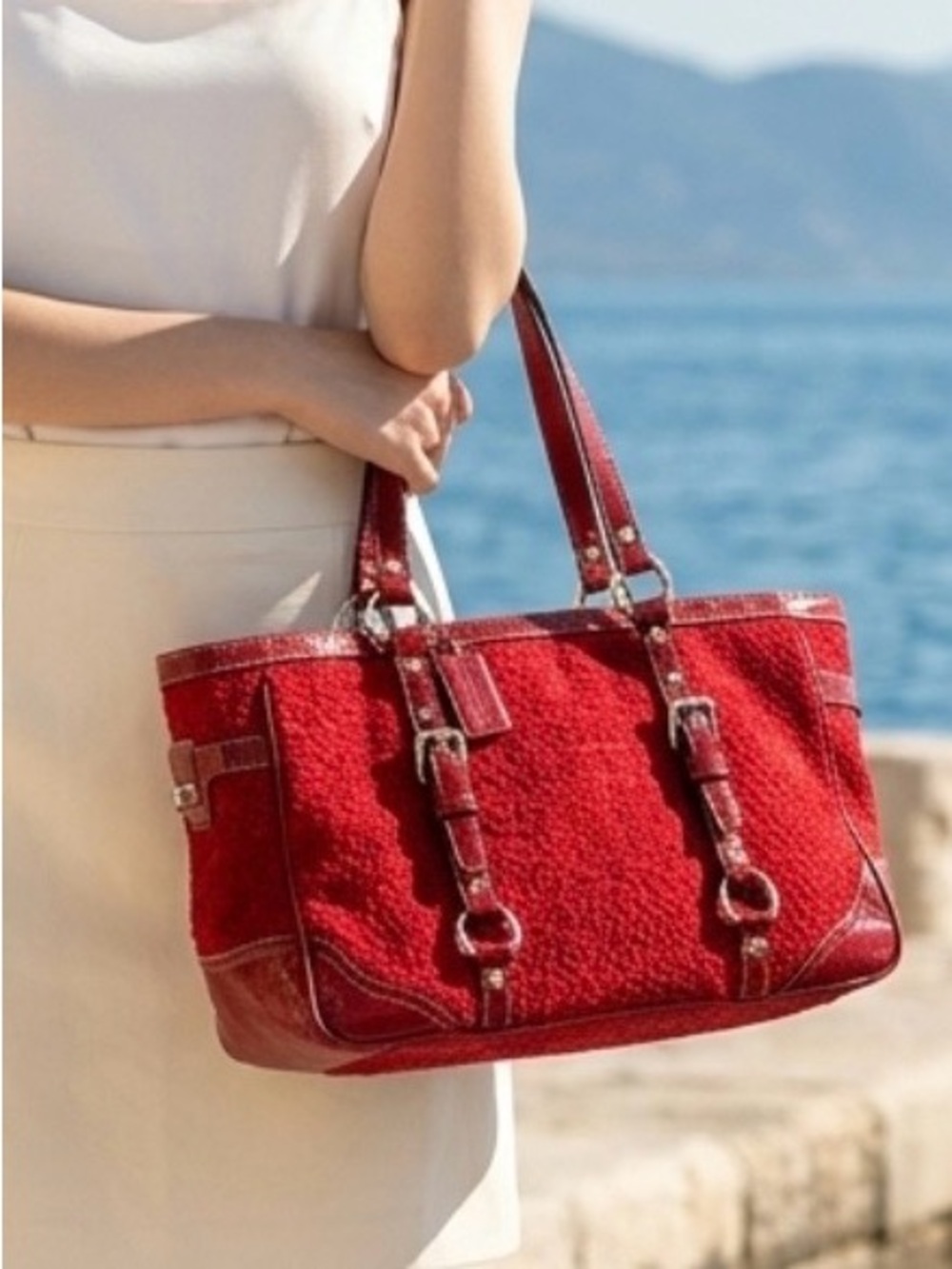 Coach Gallery Y2K Rare Cherry Red Signature Little “c” Monogram Medium Tote Bag
